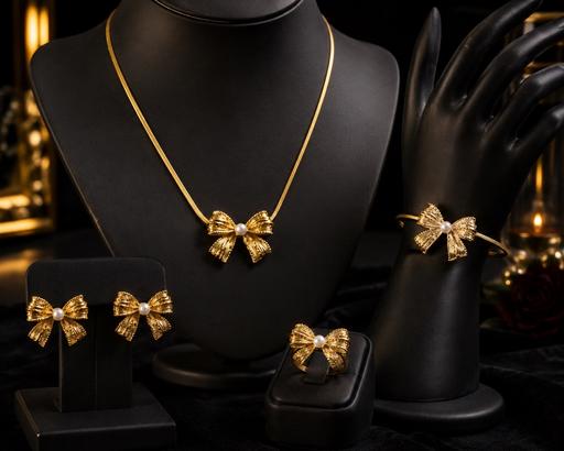  — 4 pcs Gold bow jewelry set with pearl detail
