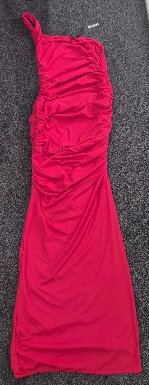  — Red ruched one shoulder maxi dress
