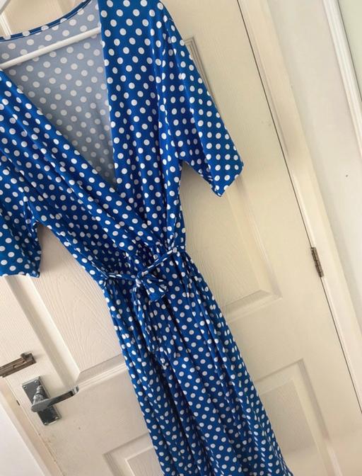  — Blue and white polka dot swing dress