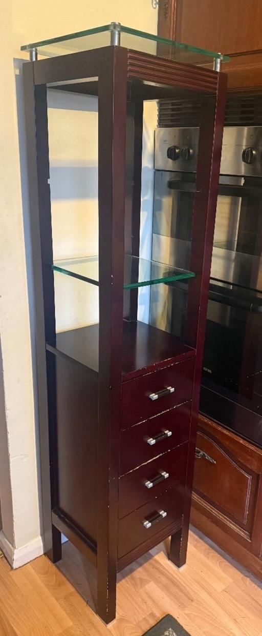  — Tall slimline shelf storage dark brown wood