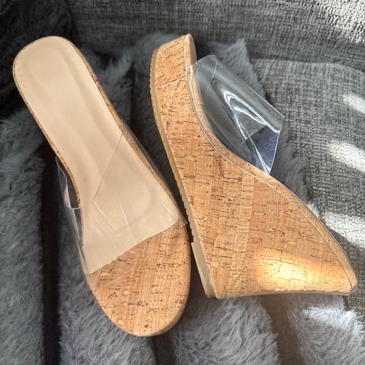  — Cork heel clear plastic high heel slip on