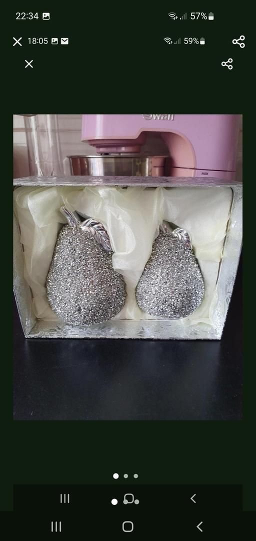  — silver bling pear ornament set x 2 NEW