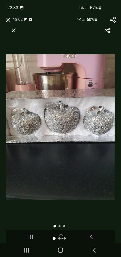  — silver bling apple ornament set x 3 NEW
