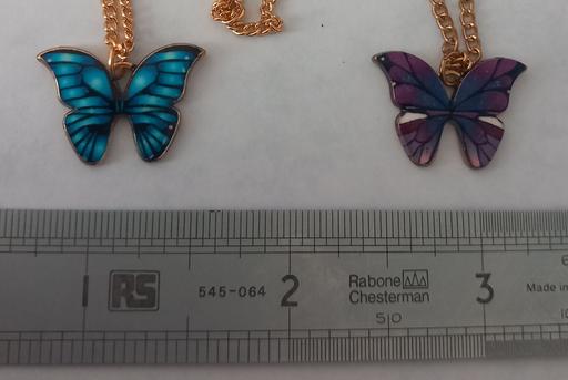  — 2 beautiful enamel butterfly pendants & chain