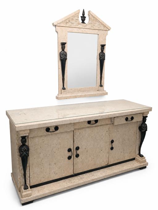  — Vintage Neoclassical Faux Travertine Console 