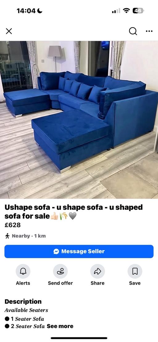  — Large u shaped sofa  royal blue   Nearly new