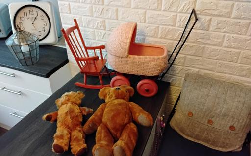 — 2 vintage teddy bears & toy pram & chair 