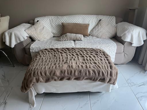  — Beige 4 Seater Sofa & White Footstool Covers