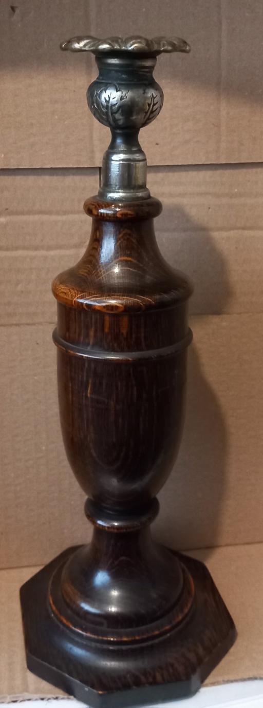  — Vintage Dark Wood & Metal Candlestick Holder