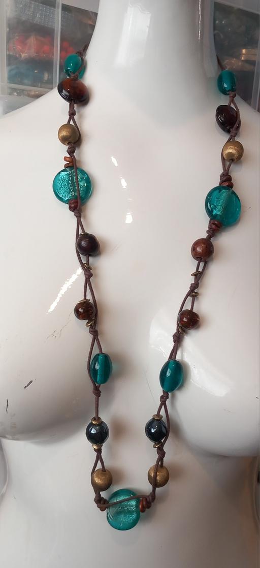  — Vintage Style Boho Teal Glass  Brown necklace