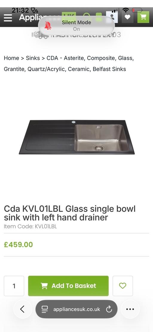  — Black tempered glass single bowl sink