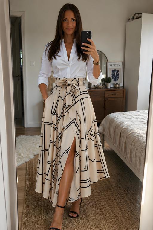  — Geometric Print Maxi Skirt Pockets Size M