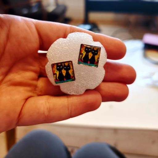  — Yellow Square Cat Glass Cabochon Earrings
