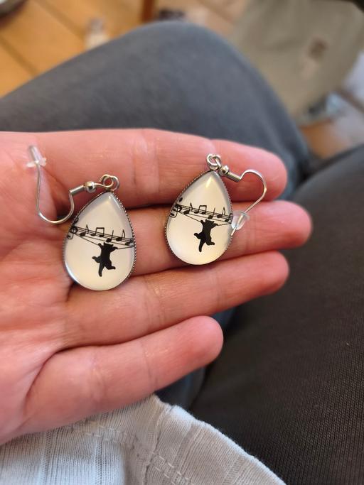  — Black White Cat Music Notes Teardrop Earrings