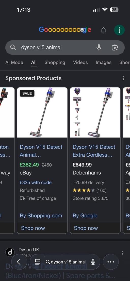 — Dyson v15 cordless all clean new battery