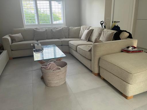  — Cream Fabric Corner Sofa + Glass Coffee Table
