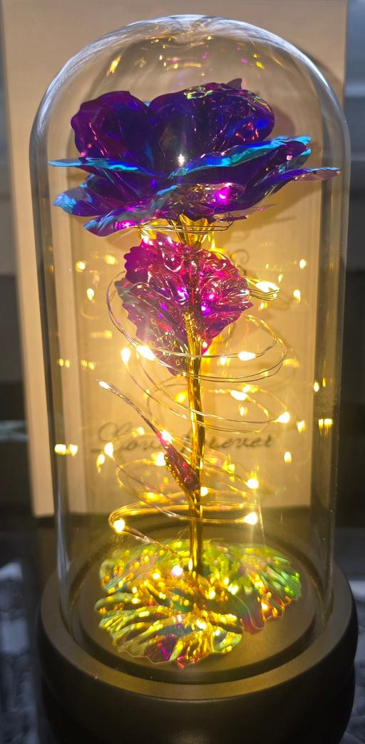  — purple light up rose in glass dome