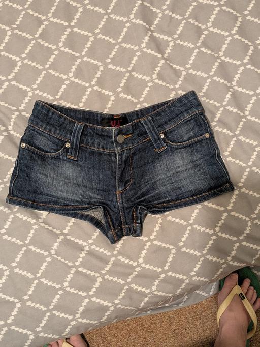  — Dark-wash Denim Ultra Low-rise Shortie Shorts
