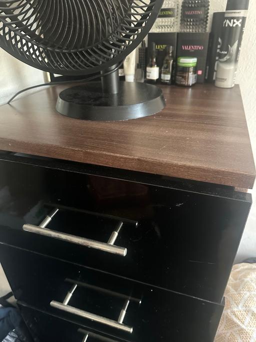  — 5 drawer gloss black and oak wood cabinet