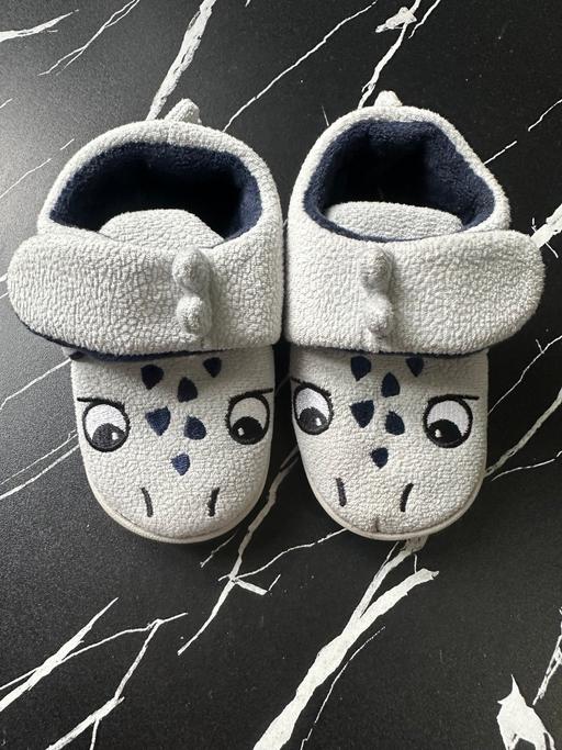  — Grey Baby Slippers with Dinosaur Design