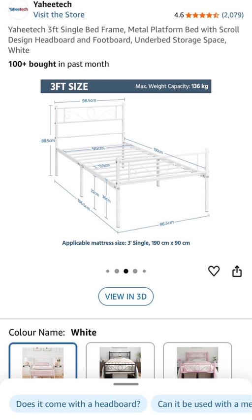  — Yaheetech white 3ft metal bed & mattress