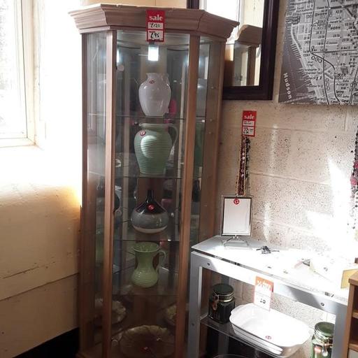 — Tall beech-effect glass corner cabinet
