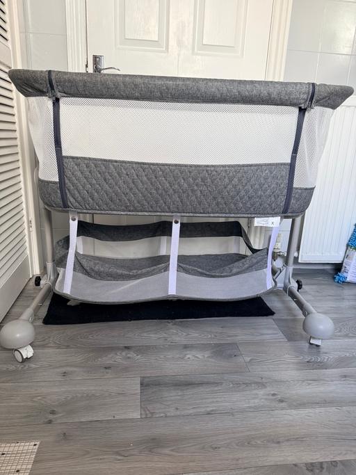  — Grey Bedside Baby Crib With Mattress & Storag