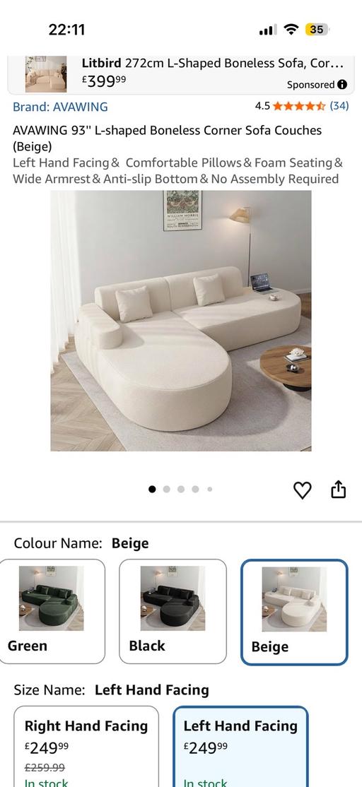  — 93” avawing beige L shape sofa