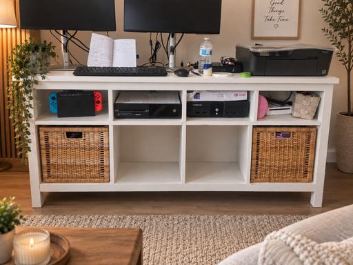  — white ikea storage unit with cube baskets
