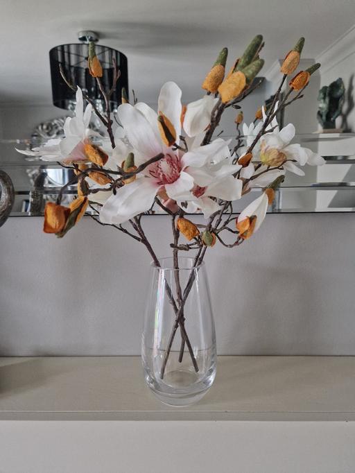  — Large thick heavy glass vase & flowers
