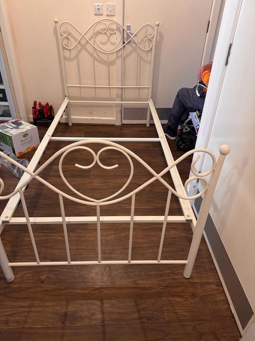  — White Metal Single Bed Frame - Ornate Design,