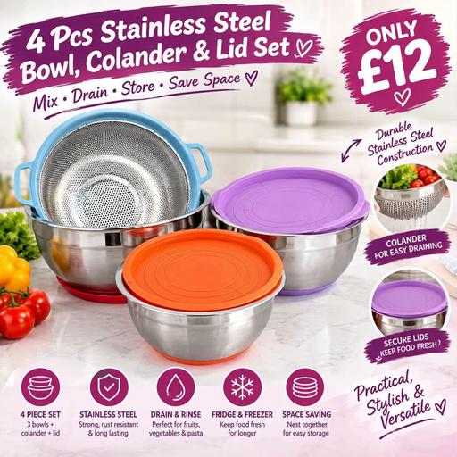  — 4 pcs stainless steel bowl, colander&lid set