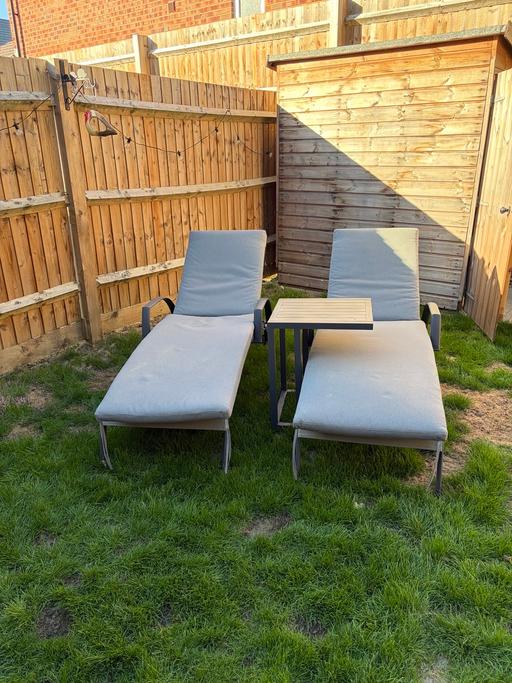  — Sun loungers x 2 grey and table