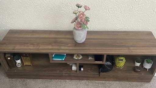  — Long Wooden TV Stand with Shelves