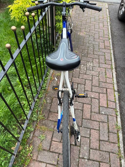  — White and Blue Hybrid Bike with Shimano Gears