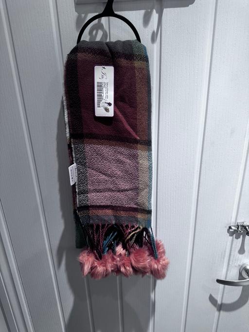  — Ladies tartan check scarf with fur Pom Pom