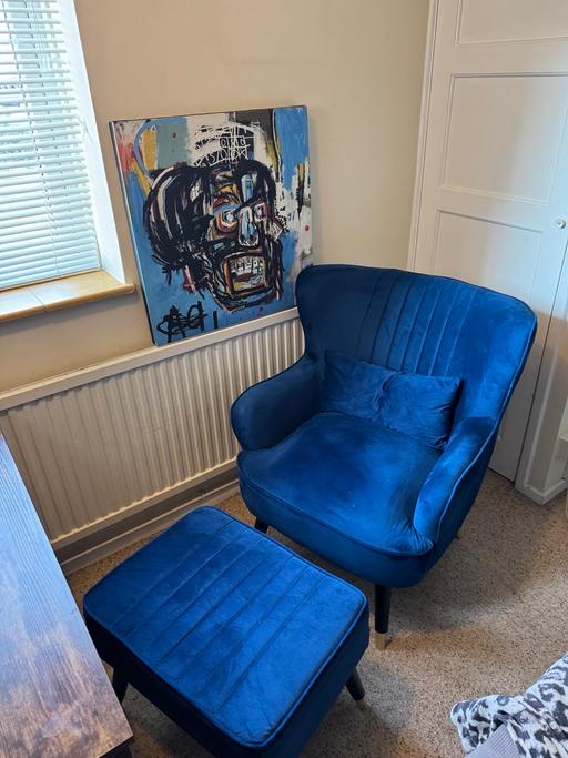  — Velvet Blue armchair with stool