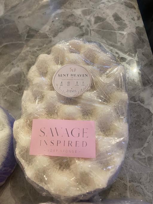  — Soap filled exfoliating sponge in clamshell