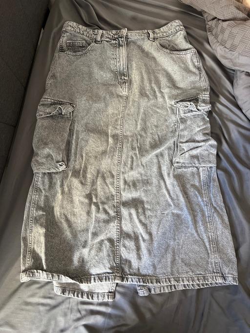 — Light wash grey denim cargo maxi skirt