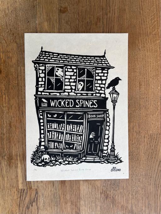  — Wicked Spines Bookshop - Handmade Lino Print