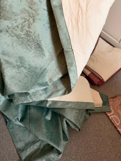  — Unused green black out suede curtains