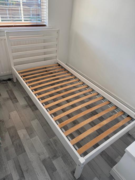  — White wooden bed frame