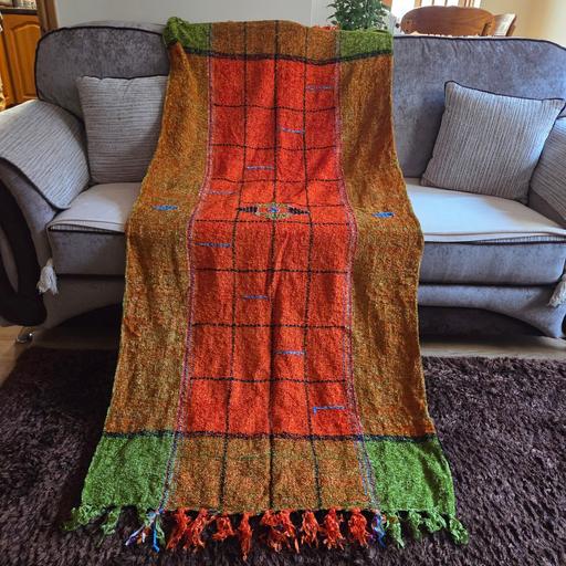  — Orange/Green Grid Design Ethnic Fuzzy Shawl