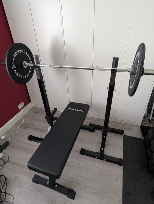  — Bench, Squat Rack, Olympic Barbell, Plates