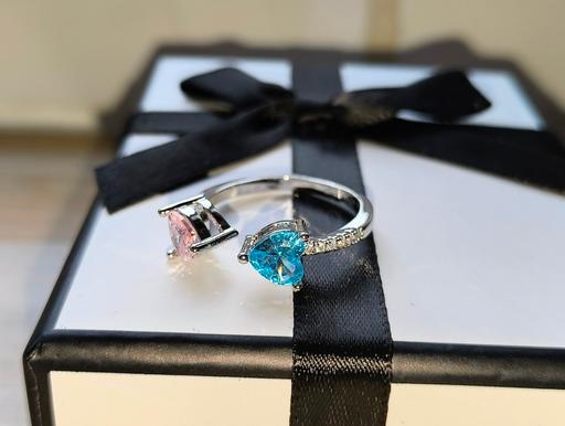  — Silver Pink/ Blue 2 Stone Heart Ring