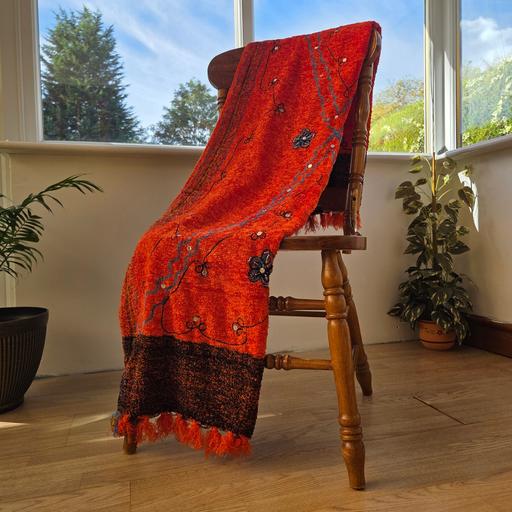  — Orange Floral Embroidered Fuzzy Shawl Throw