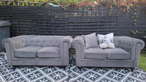  — Grey Plush Velvet Chesterfield Sofas..2+2