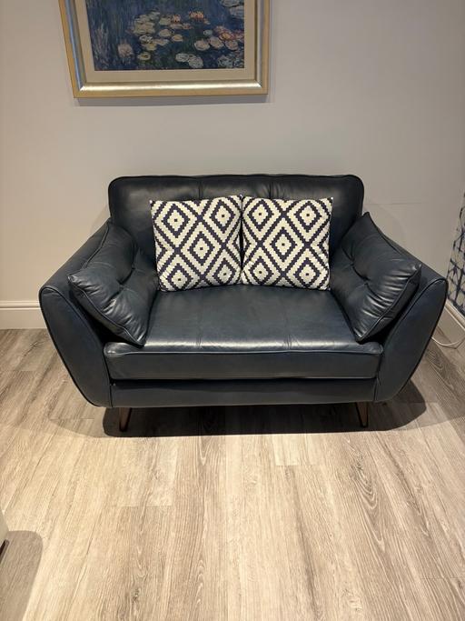  — Navy Blue Leather 2 Seater DFS Couch Sofa