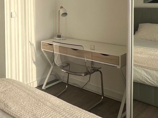  — White desk with metal legs and wooden drawers