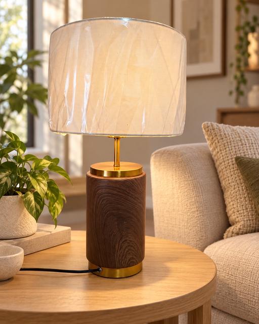  — Wood effect and brass table lamp with shade